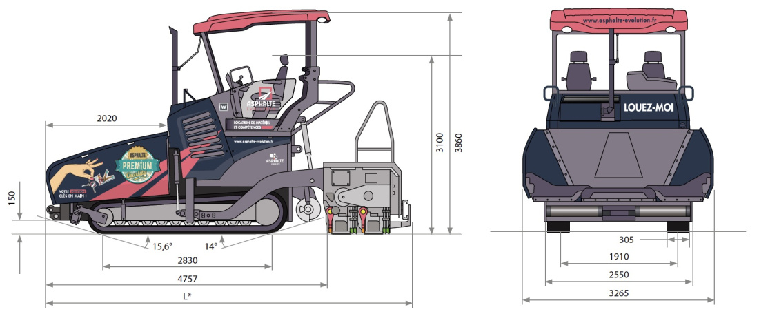 Dimensions du finisseur V&Ouml;GELE SUPER 1800-3i